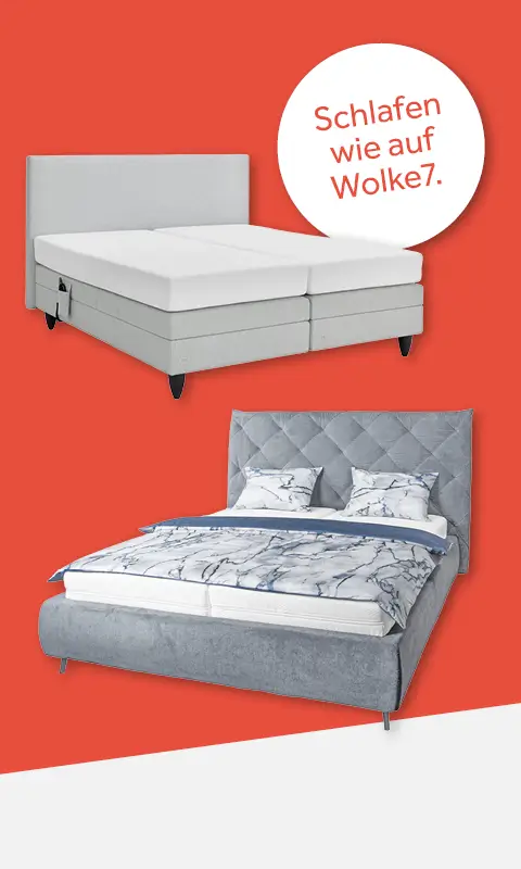 Auf rotem Grund zwei Betten: Oben ein helles Boxspringbett neben dem ein Kreis mit dem Text "Schlafen wie auf Wolke7" ist. Darunter ein graues Bett mit gemusterten Kissen.