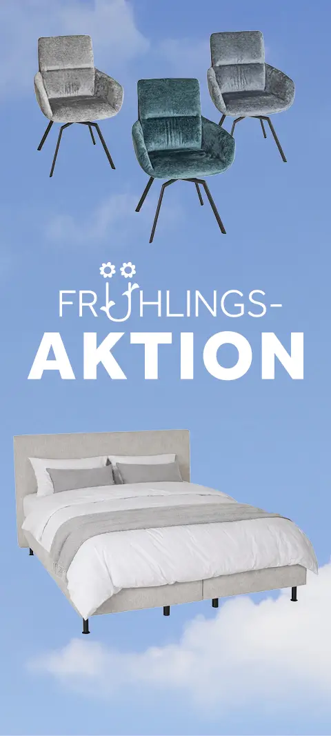Möbelangebot auf blauem Himmel: Zwei graue und ein türkisfarbener Sessel oben, darunter Text "Frühlings-Aktion" und ein Bett mit hellgrauem Kopfteil und weißer Bettwäsche unten.