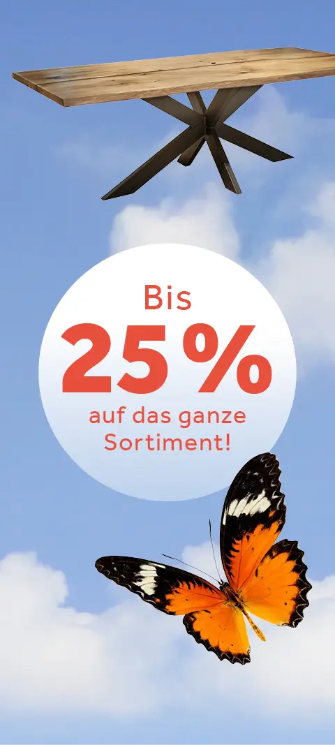 Es ist ein Werbebild mit blauem Himmel, Wolken, Holztisch, orangefarbenem Schmetterling und einem weißen Kreis, der mit roter Schrift den Hinweis "Bis 25% auf das ganze Sortiment!" gibt.