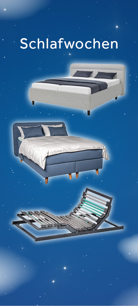 Blauer Hintergrund mit Sternen, Betten und Lattenrost. Oben der Text "Schlafwochen". Drei Betten und ein Lattenrost untereinander dargestellt.