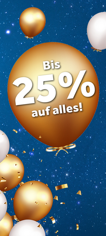 Goldene und weiße Ballons vor blauem Sternenhimmel. Großer goldener Ballon mit Aufschrift "Bis 25% auf alles!". Konfetti schweben.
