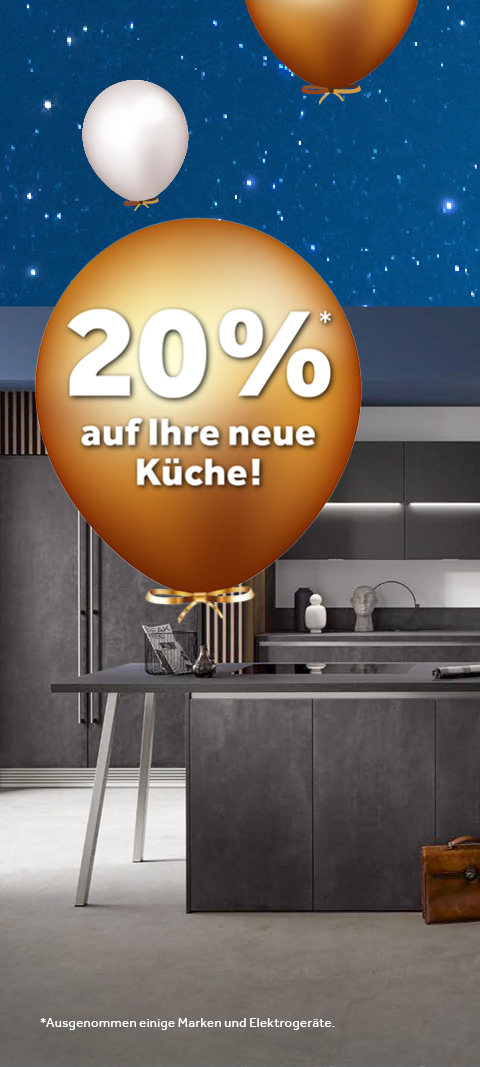 Moderne Küche mit großem, goldenen Ballon. Auf dem Ballon steht "20% auf Ihre neue Küche!". Zwei weitere Ballons sind im Hintergrund zu sehen. Darüber ein Sternenhimmel.