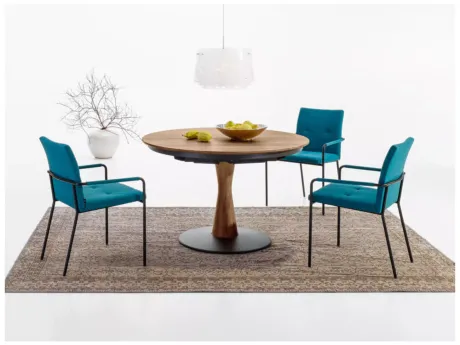 Runder Holztisch mit Obstschale, umgeben von drei türkisblauen Stühlen mit Armlehnen auf gemustertem Teppich. Über dem Tisch hängt eine weiße Lampe. Links eine Vase mit Ästen.