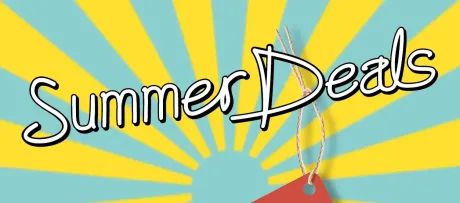 „Summer Deals“ in verspielter weißer Schrift mit schwarzem Umriss vor strahlenförmigem Hintergrund aus abwechselnd gelben und hellblauen Streifen. Am „D“ hängt eine braune Schnur zu einem roten Preisschild unten.
