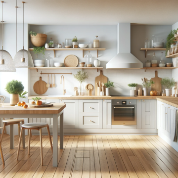 Helle Küche mit Holzboden. An den Wänden Regale mit Geschirr und Deko. Ein Tisch mit Obst und zwei Stühlen steht im Vordergrund. Über dem Tisch hängen zwei Lampen.