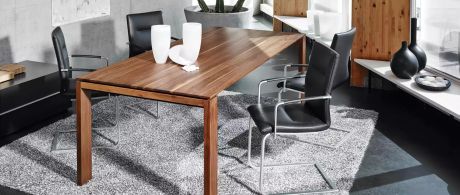 Ein Esszimmer mit einem Holztisch, umgeben von schwarzen Lederstühlen mit Metallgestell. Auf dem Tisch stehen weiße Vasen und Deko-Steine. Ein grauer Teppich liegt unter dem Ensemble.