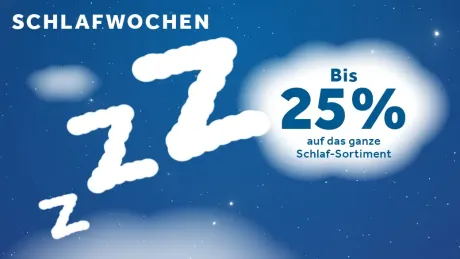 Blauer Hintergrund mit Sternen und Wolken. Weiße Buchstaben "Z" und Text: "Schlafwochen" und "Bis 25% auf das ganze Schlaf-Sortiment".