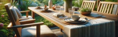 Eleganter Gartentisch aus Holz – Perfekt für stilvolle Outdoor-Dinner Großer Holztisch mit stilvoll gedecktem Geschirr in einem blühenden Garten – gemütliche Atmosphäre für gesellige Sommerabende.