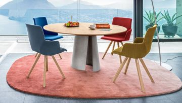 Ein runder Holztisch mit Betonfuß steht auf einem runden Teppich. Um den Tisch sind vier farbige Stühle angeordnet. Im Hintergrund ist eine Landschaft durch eine Fensterfront sichtbar.