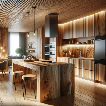 Moderne Küche in Holzoptik mit Kochinsel, Barhockern, integrierten Geräten und indirekter Beleuchtung. Ein offener Wohnbereich ist im Hintergrund erkennbar.