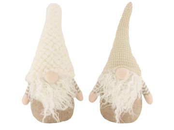 Zwei Zwerge mit gestrickten Hüten und langen Bärten stehen nebeneinander auf weißem Grund. Der linke Zwerg hat einen weißen Hut, der rechte ist beige.