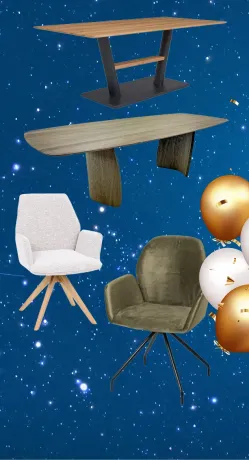 Moderne Esszimmermöbel schwebend vor einem sternenklaren, blauen Hintergrund. Zwei Holztische mit markanten Gestellen, ein hellgrauer und ein dunkelgrüner Sessel. Goldene und weiße Ballons mit Konfetti verleihen eine festliche Atmosphäre.