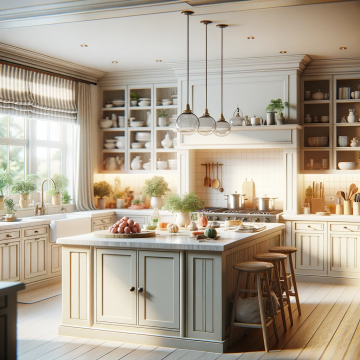 Helle Küche mit Kochinsel, drei Barhockern und viel Stauraum. Licht dringt durch das Fenster und beleuchtet die Arbeitsflächen und den Holzboden. Dekorative Elemente und Kochutensilien sind sichtbar.
