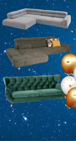 Drei Sofas vor dunkelblauem Sternenhimmel: hellgraues Ecksofa, dunkelgraues Ecksofa mit bunten Kissen, grünes Zweisitzer-Sofa. Rechts goldene Ballons und Konfetti.