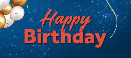 Großes, dunkelblaues Hintergrundbild mit glitzernden weißen Punkten. In der Mitte steht „Happy Birthday“ in großen roten Buchstaben. Oben links goldene und weiße Luftballons mit goldenem Konfetti. Rechts schwebt ein goldener Streifen nach unten.