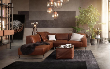 Ein Wohnzimmer mit braunem Ledersofa, Zierkissen und einem Teppich. Eine Stehlampe, Pflanzen, eine Deckenleuchte mit Glaskugeln und ein Regal sind im Raum.