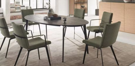 Esstisch mit sechs Stühlen. Der Tisch ist oval mit dunkler Tischplatte und schlanken, schwarzen Beinen. Die Stühle sind grün mit schwarzen Armlehnen und Beinen. Auf dem Tisch stehen Deko-Elemente.