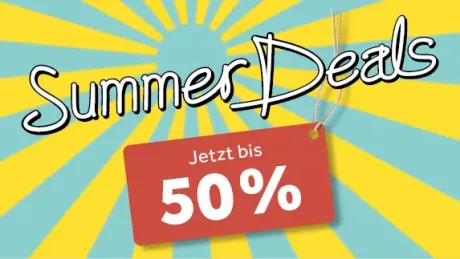 Werbegrafik für 'Summer Deals' mit strahlendem, sonnenähnlichem Hintergrund aus gelben und blauen Streifen. Der Text ist groß, weiß umrandet. Darunter hängt ein rotes Preisschild: 'Jetzt bis 50%'. Es bewirbt Sommerrabatte.