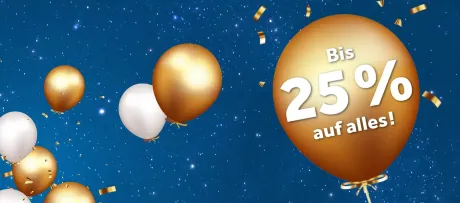 Eine festliche Szene mit zahlreichen schwebenden Ballons in Gold und Weiß vor einem dunkelblauen, sternenübersäten Hintergrund. Goldene Konfetti-Stücke rieseln herab. Ein großer goldener Ballon im Vordergrund trägt die Aufschrift "Bis 25% auf alles!".