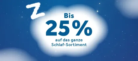Blauer Nachthimmel mit Sternen, "Z" oben links. In der Mitte, auf einer Wolke, steht "Bis 25% auf das ganze Schlaf-Sortiment" in blauer Schrift.