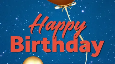 „Happy Birthday“ in großen roten Schattenbuchstaben auf dunkelblauem Hintergrund mit vielen glitzernden weißen Punkten. Oben schwebt ein braun-goldener Ballon mit goldener Schleife und Schnur; unten ist ein weiterer goldener Ballon sichtbar.