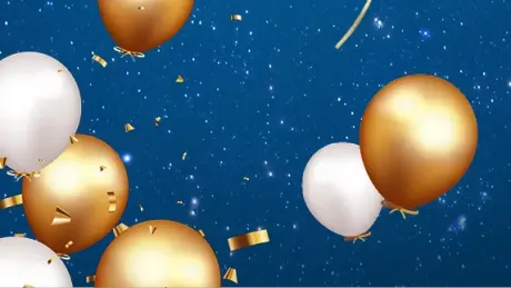Glänzende goldene und weiße Ballons schweben vor dunkelblauem Hintergrund mit unzähligen glitzernden Punkten wie Sterne oder schimmernder Schnee. Goldener Konfetti und dünne Bänder fallen umher und wirken festlich, elegant.