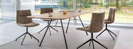 Ein Esstisch mit vier Stühlen steht auf einem Teppich vor einem Fenster. Auf dem Tisch liegen zwei Tassen, zwei Mandarinen und eine Zeitung. Draußen sind Bäume sichtbar.