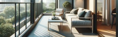 Ein heller Balkon mit Blick auf eine grüne Landschaft. Eine Couch, ein Stuhl und ein Tisch bieten Sitzgelegenheiten. Schattenmuster erstrecken sich über den Boden.