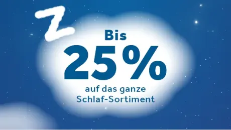 Blauer Nachthimmel mit Sternen und weißer Wolke. In der Wolke der Text "Bis 25% auf das ganze Schlaf-Sortiment". Oben links ein weißes Z für Schlaf.