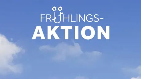Blauer Himmel mit Wolken und dem Text "Frühlings-Aktion" in Weiß, mit zwei Blüten über dem Wort "Frühlings-".