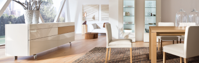 Heller, moderner Wohnraum mit Sideboard, Esstisch mit Stühlen, Vitrinen und einem Sofa im Hintergrund. Ein Teppich liegt unter dem Esstisch.