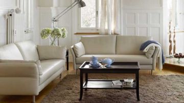 Ein helles Wohnzimmer mit zwei Sofas, einem dunklen Couchtisch mit Teegeschirr, einer Stehlampe und Blumen in einer Vase. Ein Teppich bedeckt den Boden.