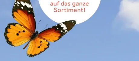 Ein Monarchfalter mit orangefarbenen Flügeln mit schwarzen und weißen Markierungen vor einem hellblauen Himmel. Überlappend ist ein weißer Kreis mit roter Schrift.