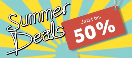 Vibranter Reklamebanner mit 'Summer Deals' in geschwungener, weißer Schrift mit schwarzer Umrandung, vor gelb-hellblauen Sonnenstrahlen. Rechts ein rotes Preisschild: 'Jetzt bis 50%' in großer weißer Schrift.