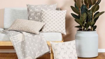 Ein graues Sofa mit Kissen und einer Decke mit Hirschmotiven, daneben ein grosser Blumentopf mit einer Pflanze.