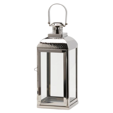 Silberne, rechteckige Laterne mit klaren Glasscheiben, einem strukturierten Dach und einem Henkel oben.